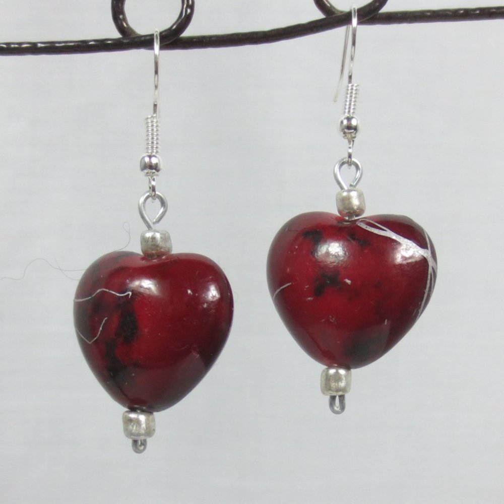 Handcrafted Pierced Earrings Red Black Silver Puffy Hearts V Day Everyday Dangle